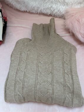 Beige Cable-Knit Turtleneck Sweater